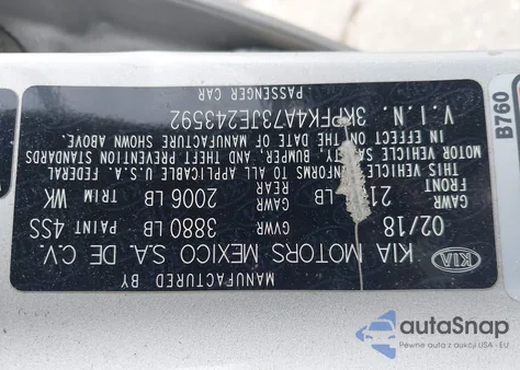 2018 Kia Forte Lx z USA, uszkodzony, nr VIN 3KPFK4A73JE243592